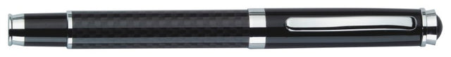 Gloss black metal roller ball pen with carbon fibre lower barrel, removable cap, and smooth black ink for precise writing.