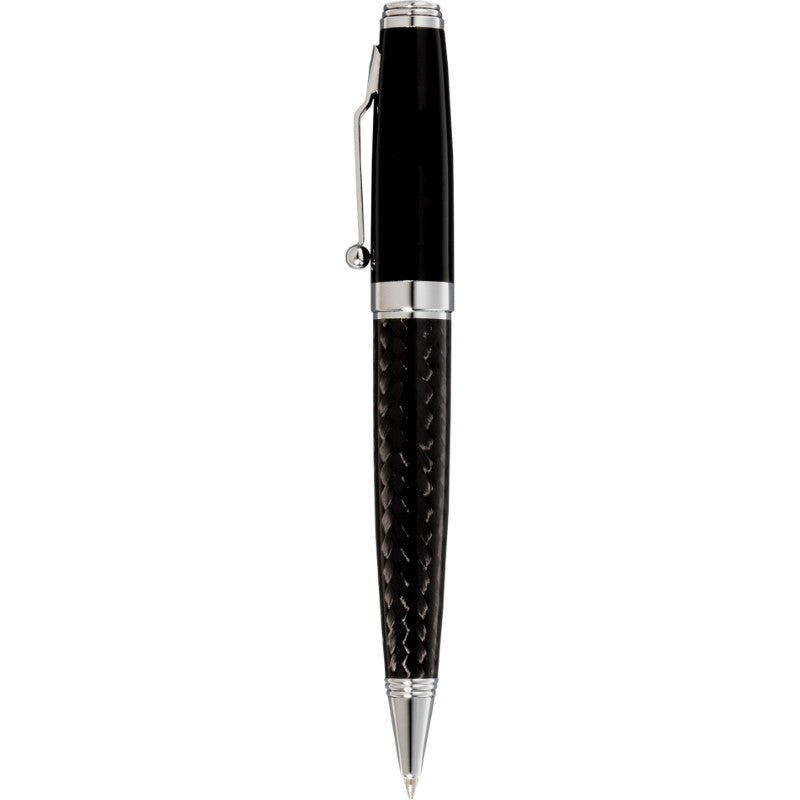Sleek black Triton Ballpoint Pen with carbon fibre lower barrel, chrome accents, and twist action for effortless writing.