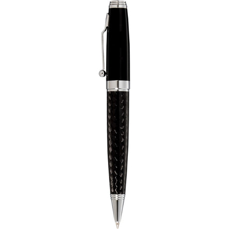 Sleek black Triton Ballpoint Pen with carbon fibre lower barrel, chrome accents, and twist action for effortless writing.
