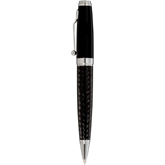 Sleek black Triton Ballpoint Pen with carbon fibre lower barrel, chrome accents, and twist action for effortless writing.