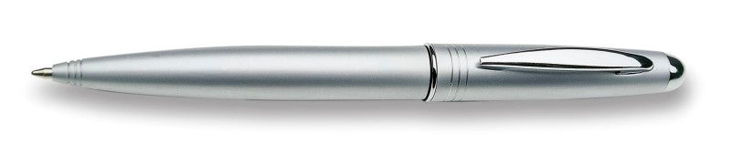 Sleek silver ballpoint pen with satin chrome finish, twist action design, and blue ink cartridge for smooth writing.