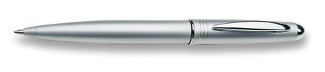 Sleek silver ballpoint pen with satin chrome finish, twist action design, and blue ink cartridge for smooth writing.