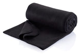 Stylish black polar fleece picnic rug, 1500mm x 1200mm, compactly folds in a durable bag for outdoor adventures.