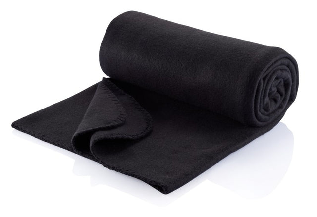 Stylish black polar fleece picnic rug, 1500mm x 1200mm, compactly folds in a durable bag for outdoor adventures.