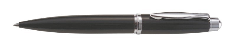 Sleek black ballpoint pen with chrome trim, twist action mechanism, and durable metal design for professional writing.