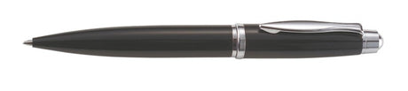 Sleek black ballpoint pen with chrome trim, twist action mechanism, and durable metal design for professional writing.