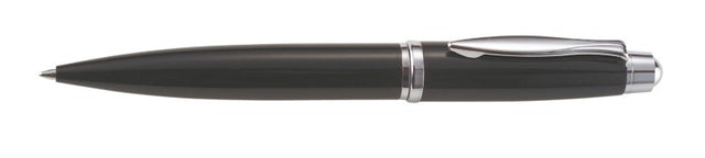 Sleek black ballpoint pen with chrome trim, twist action mechanism, and durable metal design for professional writing.