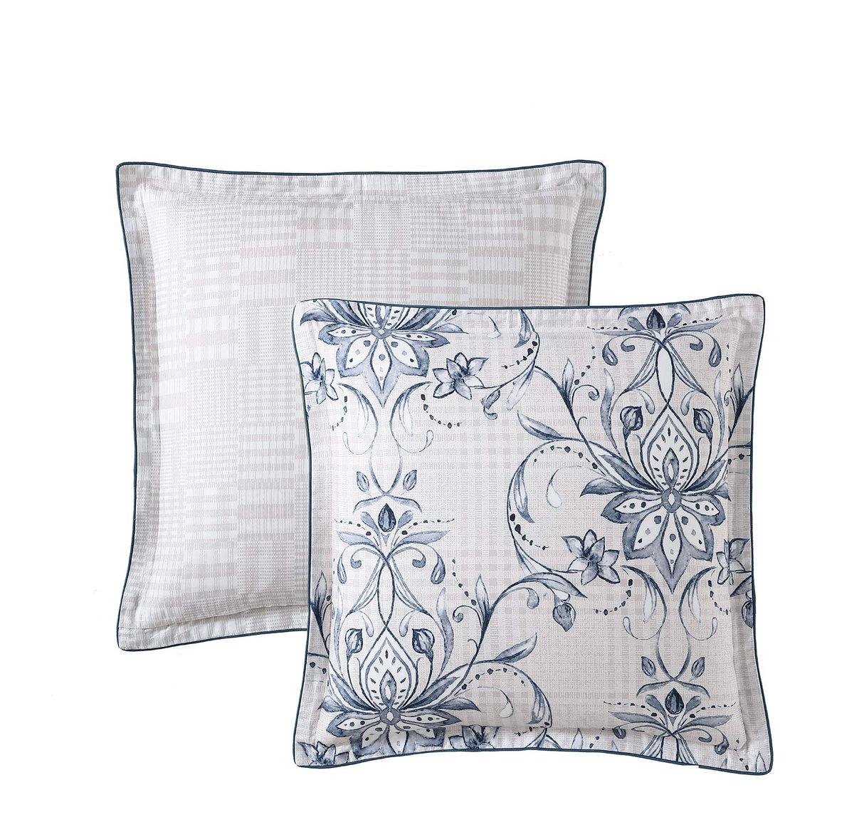 Amble Linen European Pillowcase showcasing a classic damask print in white and navy with elegant hounds-tooth design and blue piping.