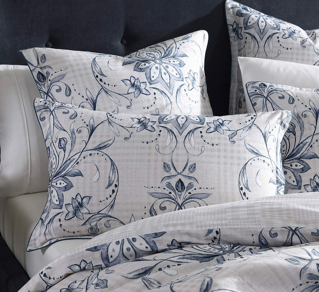 Amble Linen European Pillowcase featuring a classic damask print in white, navy, and linen with sophisticated hounds-tooth design.