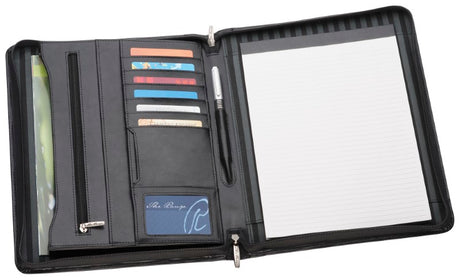 A4 leather compendium featuring a zippered closure, document pocket, card holders, and a lined writing pad, elegantly packaged.