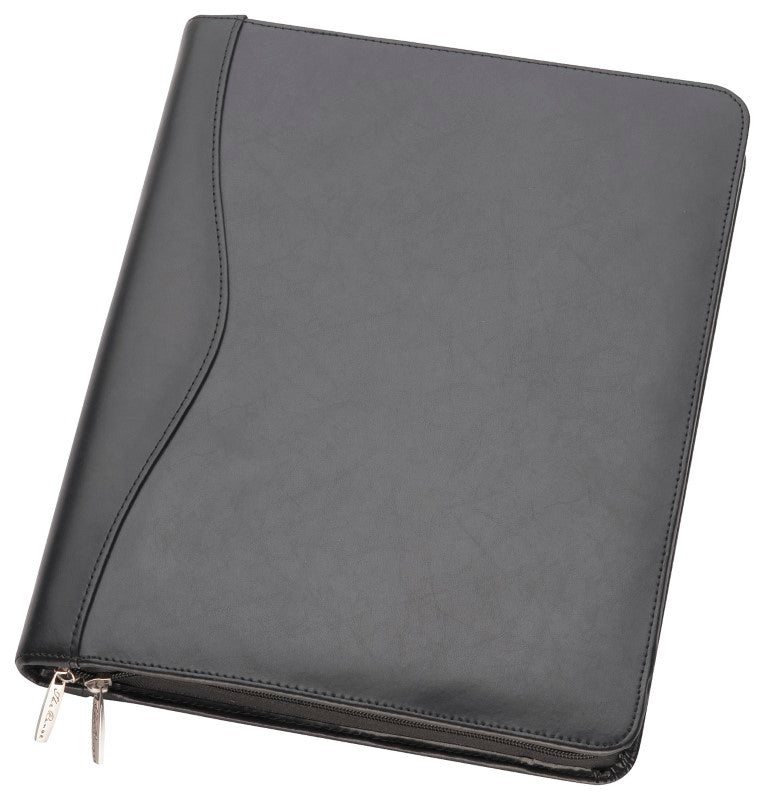 A4 leather compendium with zip closure, document pocket, card holders, and writing pad, elegantly packaged for gifting.