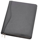 A4 leather compendium with zip closure, document pocket, card holders, and writing pad, elegantly packaged for gifting.