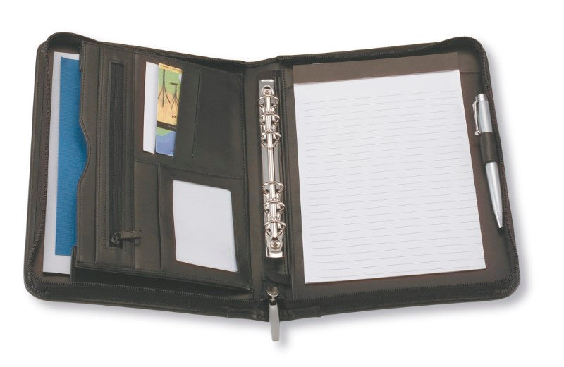 A stylish A5 leather compendium featuring document and business card pockets, perfect for note-taking and organization.