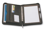A stylish A5 leather compendium featuring document and business card pockets, perfect for note-taking and organization.