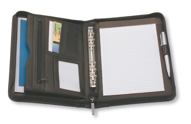 A stylish A5 leather compendium featuring document and business card pockets, perfect for note-taking and organization.