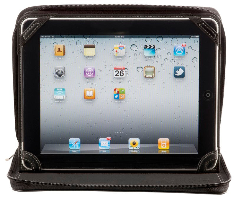 Stylish iPad cover with imitation leather, zippered closure, and convertible stand for hands-free viewing and protection.
