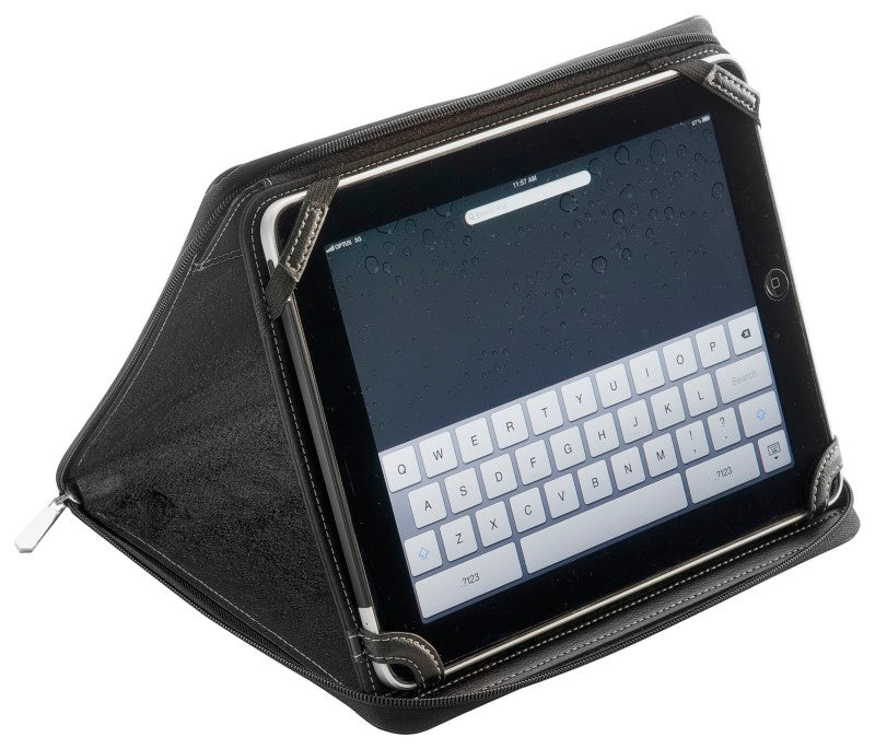 Stylish iPad cover and stand in imitation leather with zippered closure, featuring a soft lining and media panel for hands-free use.