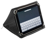Stylish iPad cover and stand in imitation leather with zippered closure, featuring a soft lining and media panel for hands-free use.