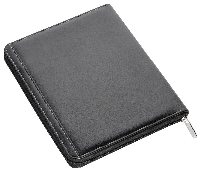 Stylish iPad cover with imitation leather, zippered closure, and stand for hands-free viewing; perfect for travel.