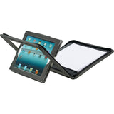 Tablet case with textured twill PU, flip cover, zippered closure, card holders, pen loop, and lined writing pad for iPad.