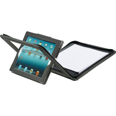 Tablet case with textured twill PU, flip cover, zippered closure, card holders, pen loop, and lined writing pad for iPad.