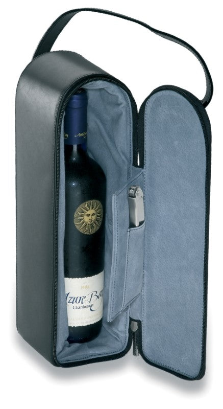 Single Bottle Wine Carrier made of split leather with suede lining, featuring a carry handle and pocket for a wine opener.