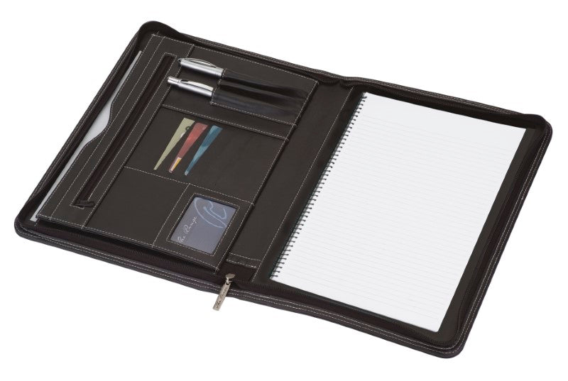A sophisticated A4 Compendium with PU material, silver stitching, zippered closure, and document pockets for professionals.