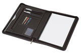 A sophisticated A4 Compendium with PU material, silver stitching, zippered closure, and document pockets for professionals.