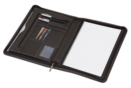 A sophisticated A4 Compendium with PU material, silver stitching, zippered closure, and document pockets for professionals.