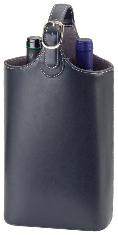 Elegant bonded leather wine carrier with suede interior, holds two bottles, perfect for gifts or transport.