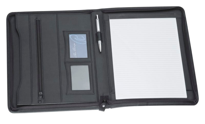 Elegant A4 zippered compendium in imitation leather with pockets, pen loop, and lined pad for organized note-taking.