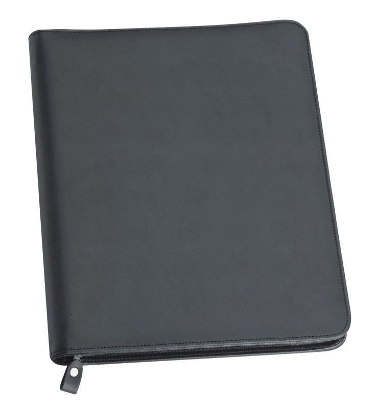 Elegant black imitation leather A4 zippered compendium featuring pockets, card holders, and a lined writing pad for organization.