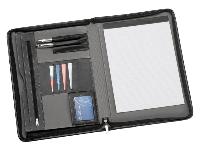 Zippered A4 compendium in koskin leather-look with pockets, pen holders, and lined pad for professional organization and style.