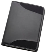 Sleek black A4 compendium made of PU imitation leather with zip closure, pockets, and note pad for organized professionals and students.