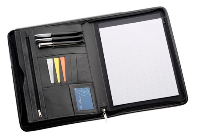 A4 black non-leather compendium with zippered closure, document pockets, card holders, and lined writing pad for professionals.