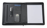 A4 bonded leather compendium with zippered closure, calculator, pockets, pen holder, and lined pad for professionals.