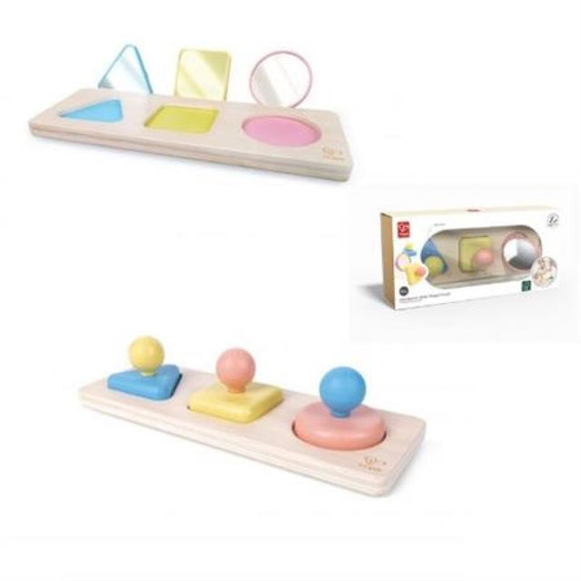 Hape Montessori Mirror Shape Puzzle featuring eco-friendly wooden base and colorful rice material shapes for sensory learning.