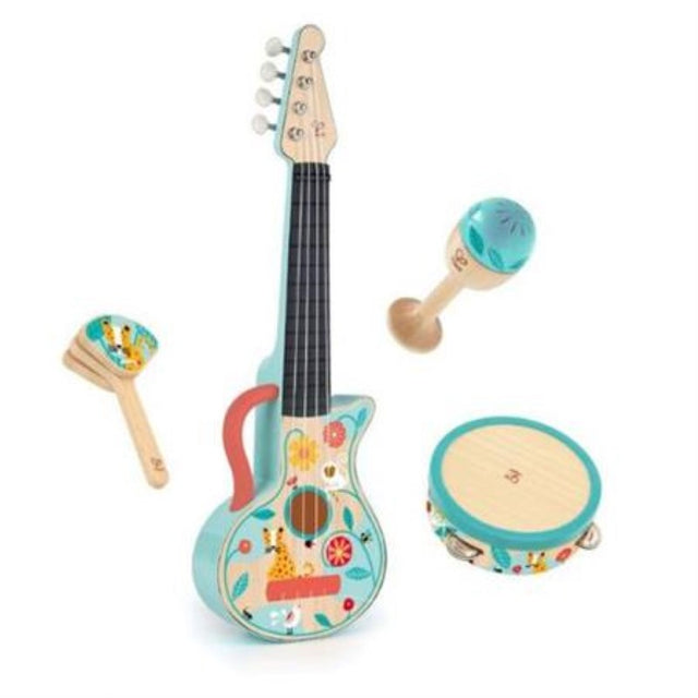 Colorful 4-in-1 percussion set featuring a tambourine, maraca, guitar, and clapper, designed for kids' musical exploration.