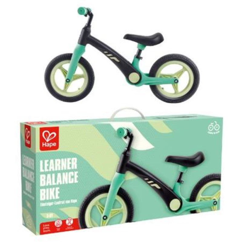 Hape Shock Absorbing Balance Bike in green and black, designed for kids 3-6, features adjustable height and safety shock absorption.