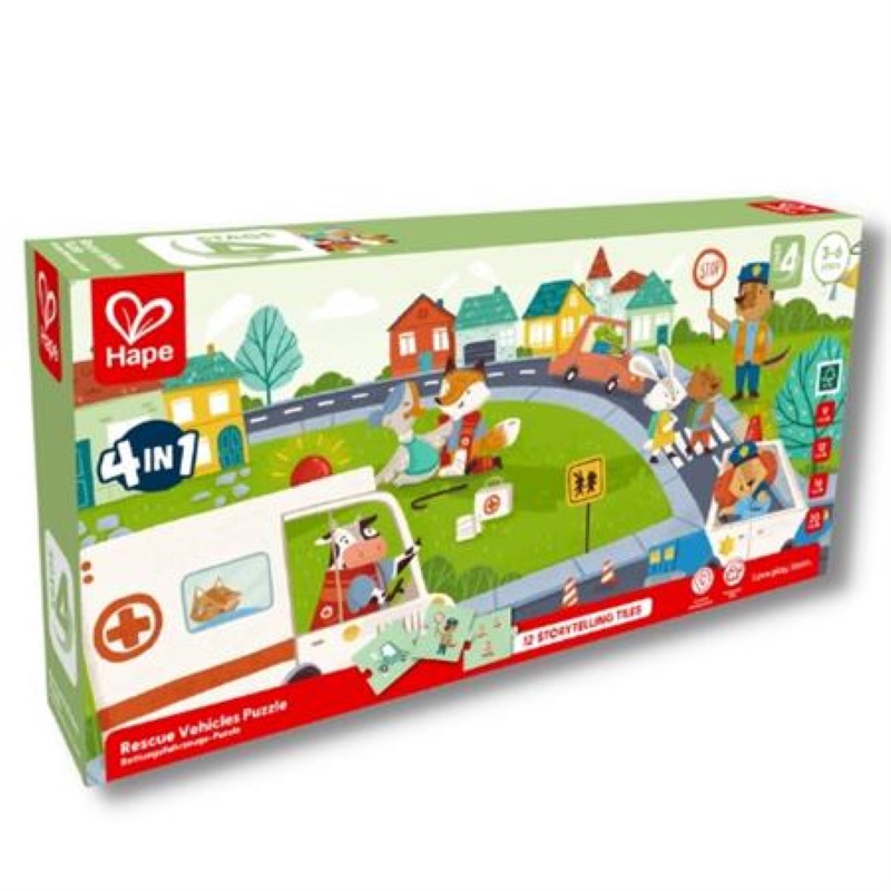 Colorful Hape 4 in 1 Rescue Vehicle puzzle set with wooden pieces for storytelling and imaginative play, suitable for ages 3+.