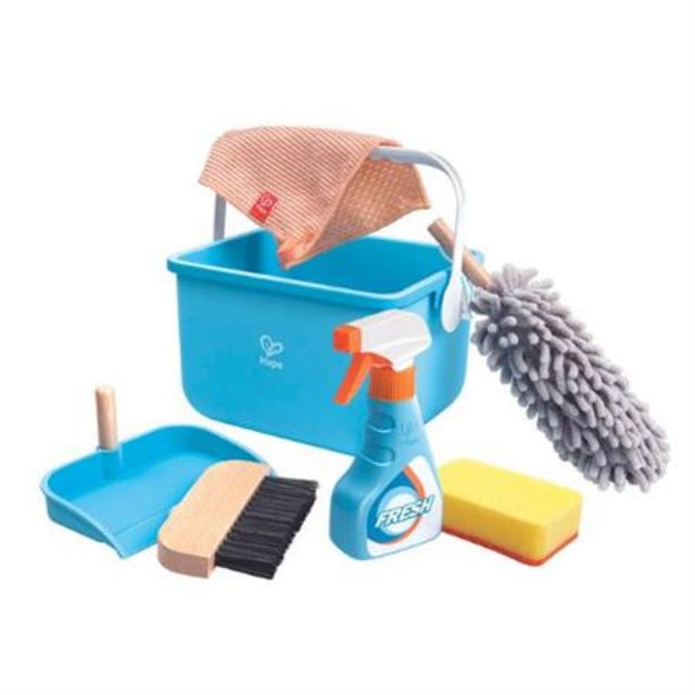 Hape Bucket Cleaning Set with spray bottle, dustpan, and brush for fun, educational cleaning play and skill development.