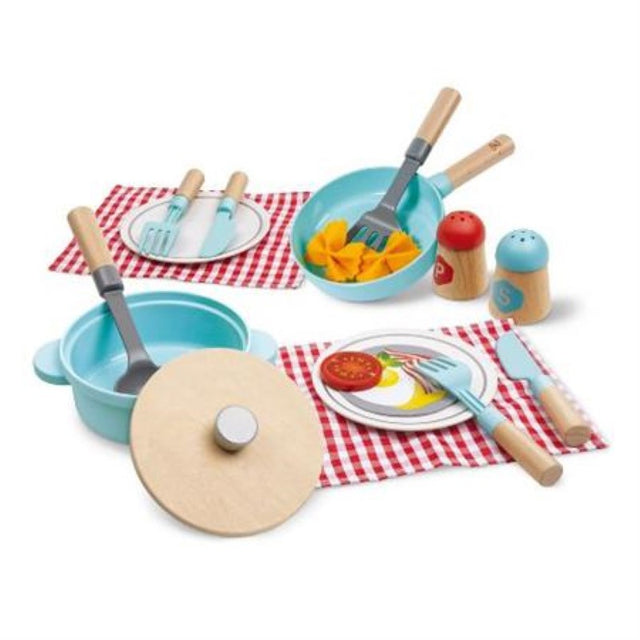 Wooden cooking set including pot, pan, utensils, plates, and shakers for imaginative play and culinary adventures.