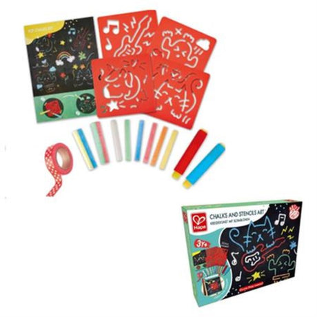 Hape Chalks and Stencils Art set with 12 vibrant chalks, stencils, and ergonomic holders for creative fun and skill development.