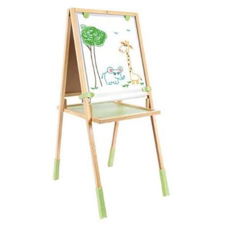 Double-sided bamboo easel with chalkboard, magnetic whiteboard, and paper roll for creative play. Ideal for kids 3+.