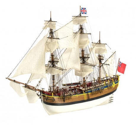 Detailed 1/65 scale model kit of HMS Endeavour, highlighting maritime exploration led by Captain Cook.