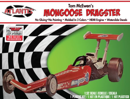 1/32 scale model of Tom McEwen's dragster, featuring a Hemi engine, vibrant colors, and snap assembly for easy building.