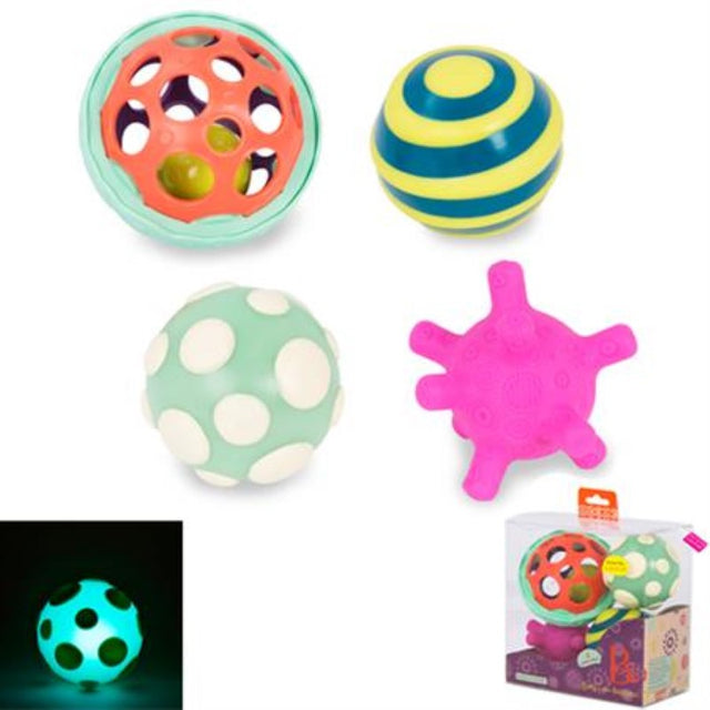 Colorful B. Ball-a-baloos textured balls set, featuring spikey teether, rattly holey ball, and playful squeaky designs for sensory fun.