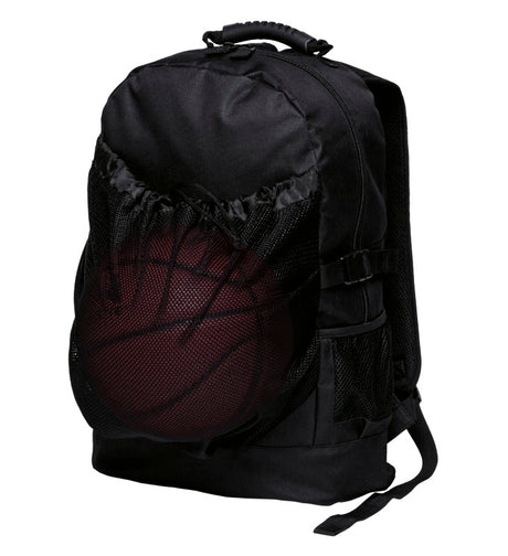 Durable Basket Backpack with mesh net compartment, padded straps, and ample storage for sports gear and essentials.