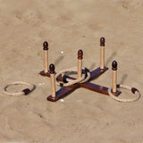 Backyard Quoits Set featuring interlocking wood boards, stakes, and durable rope rings in a stylish carry bag for outdoor fun.