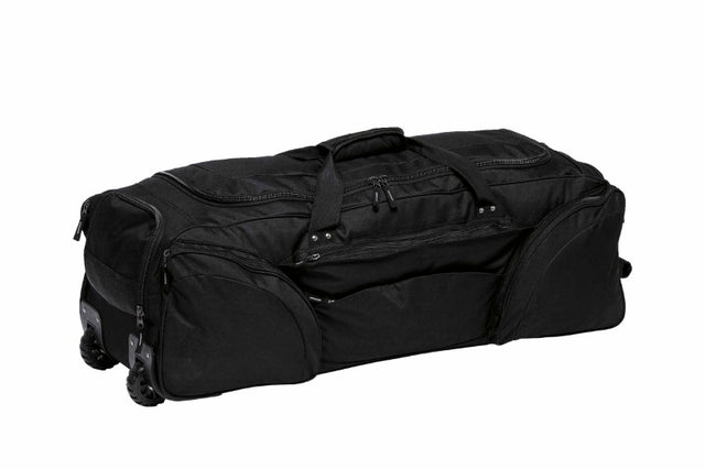 Durable 117L travel bag with oversized U-shaped opening, multiple compartments, and heavy-duty wheels for easy transport.